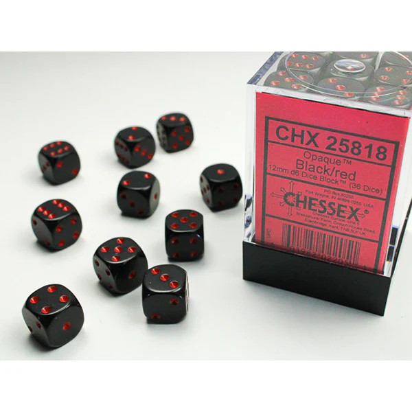 Chessex - Opaque 12mm D6 Dice Block - Black w/Red