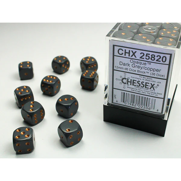 Chessex - Opaque 12mm D6 Dice Block - Dark Grey w/Copper
