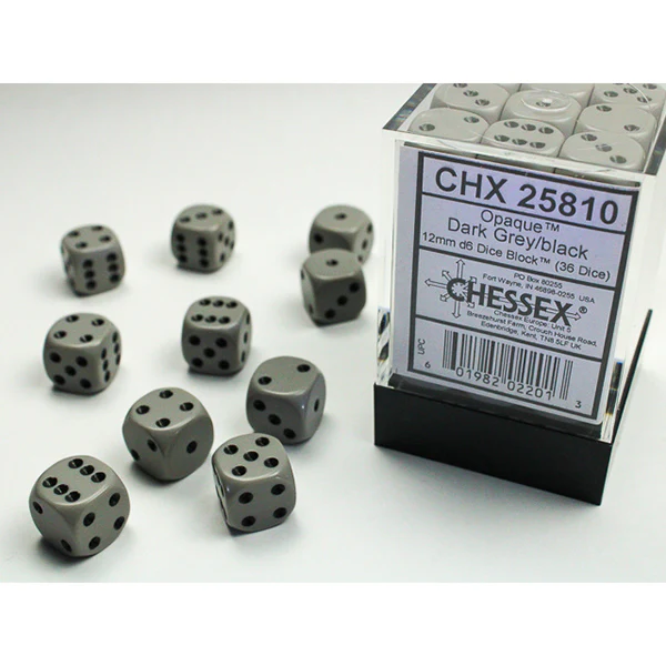 Chessex - Opaque 12mm D6 Dice Block - Dark Grey w/Black