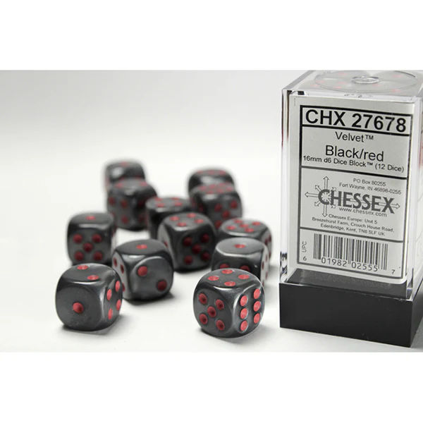 Chessex - Velvet 16mm D6 Dice Block - Black w/ Red