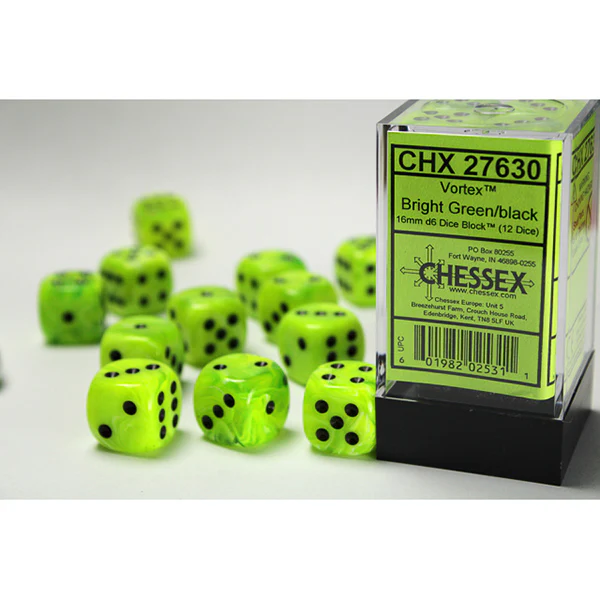 Chessex - Vortex 16mm D6 Dice Block - Bright Green & w/Black